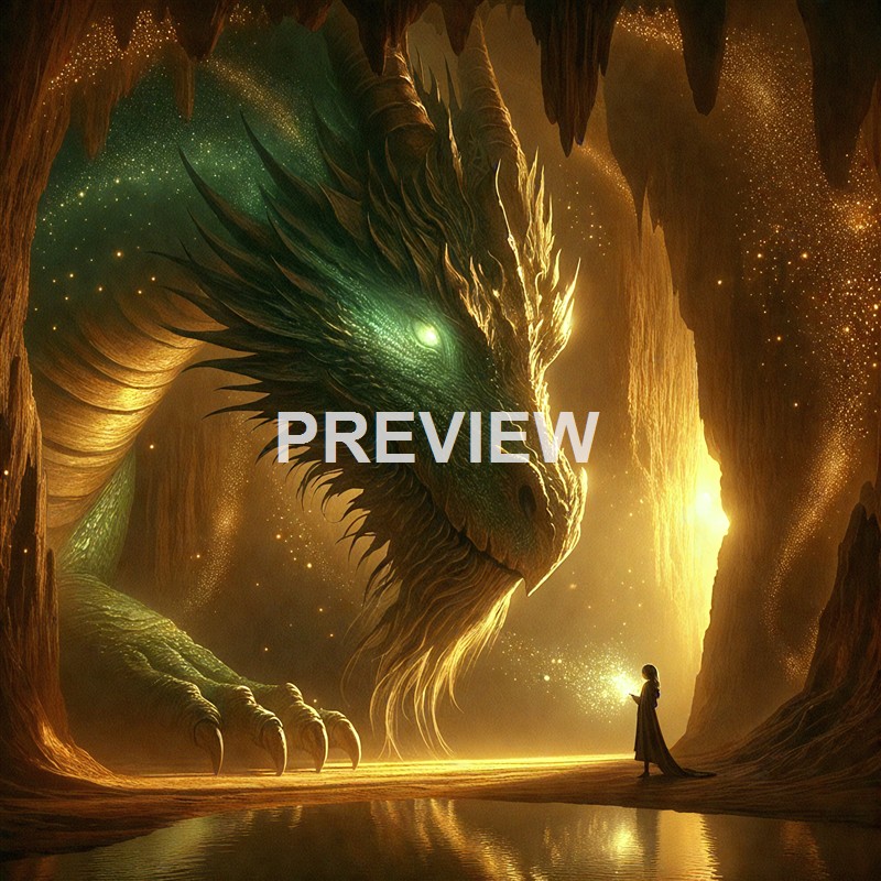 A large, luminous dragon with glowing green eyes and intricate scales is depicted inside a cavern, facing a small person holding a glowing object.